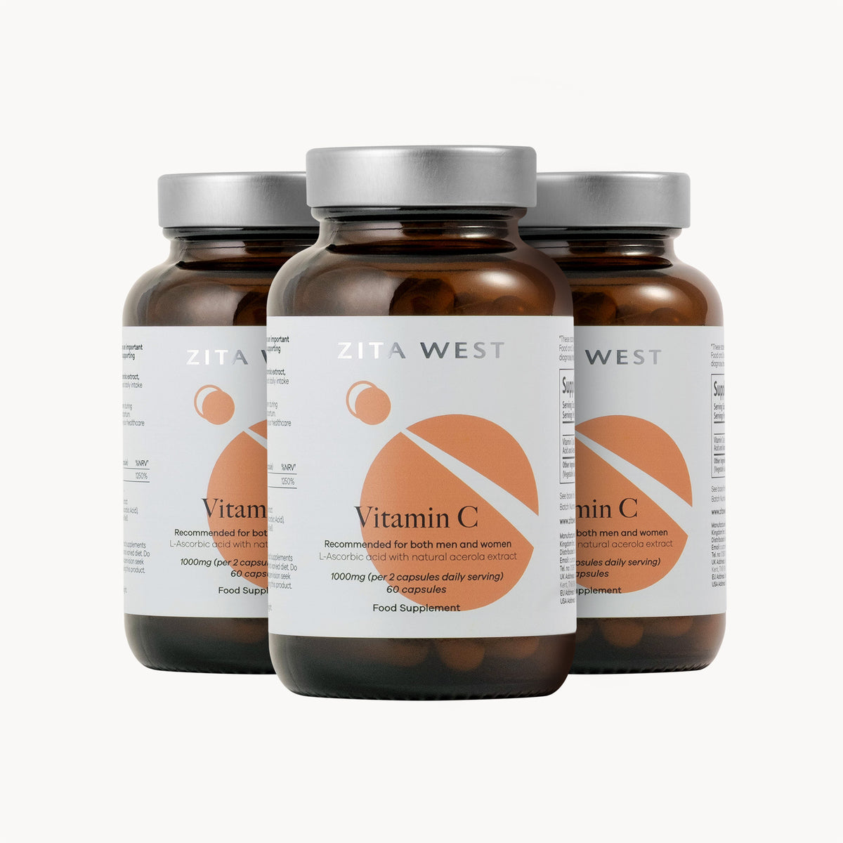 Three bottles of Zita West Vitamin C supplements on a white background