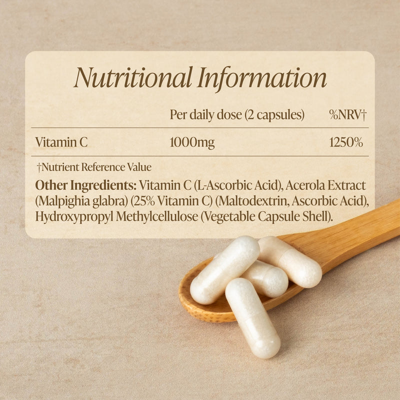Nutritional information label for a vitamin C supplement with capsules on a wooden spoon.