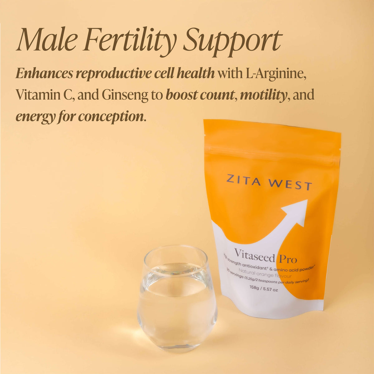 Zita West Vitaseed Pro pouch next to a glass of mixed supplement drink on a warm beige background