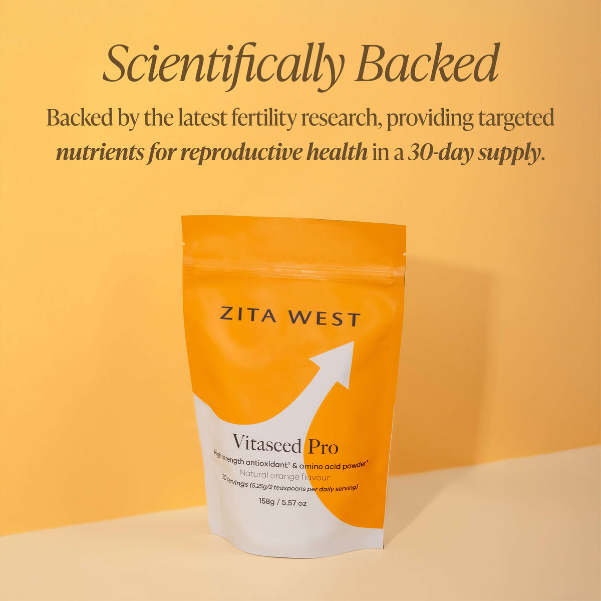 Zita West Vitaseed Pro pouch on a yellow background with the text 'Scientifically Backed'