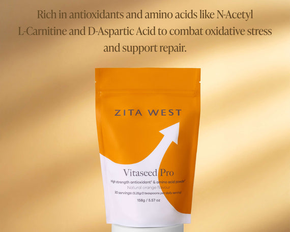 Zita West Vitaseed Pro pouch in orange and white packaging