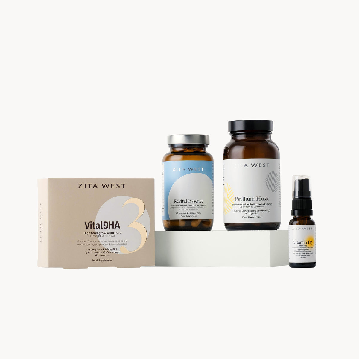 Collection of postnatal support supplements from Zita West on a white background