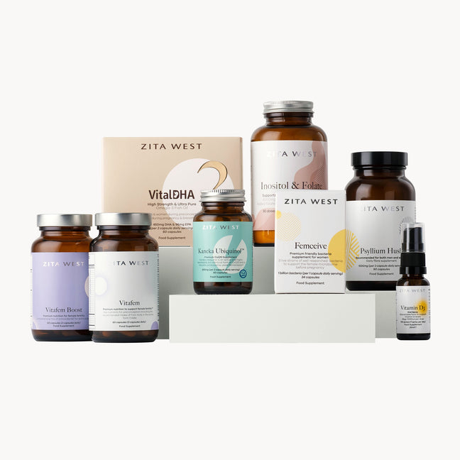 Collection of Zita West products on a white background all picked because they support egg health