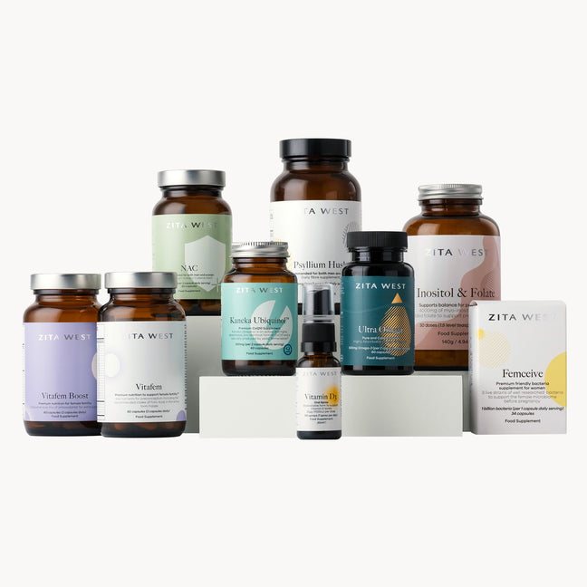 Collection of Zita West fertility and wellness products on a white background