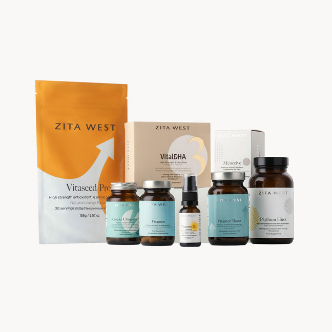 Collection of Zita West male IVF support supplements on a white background