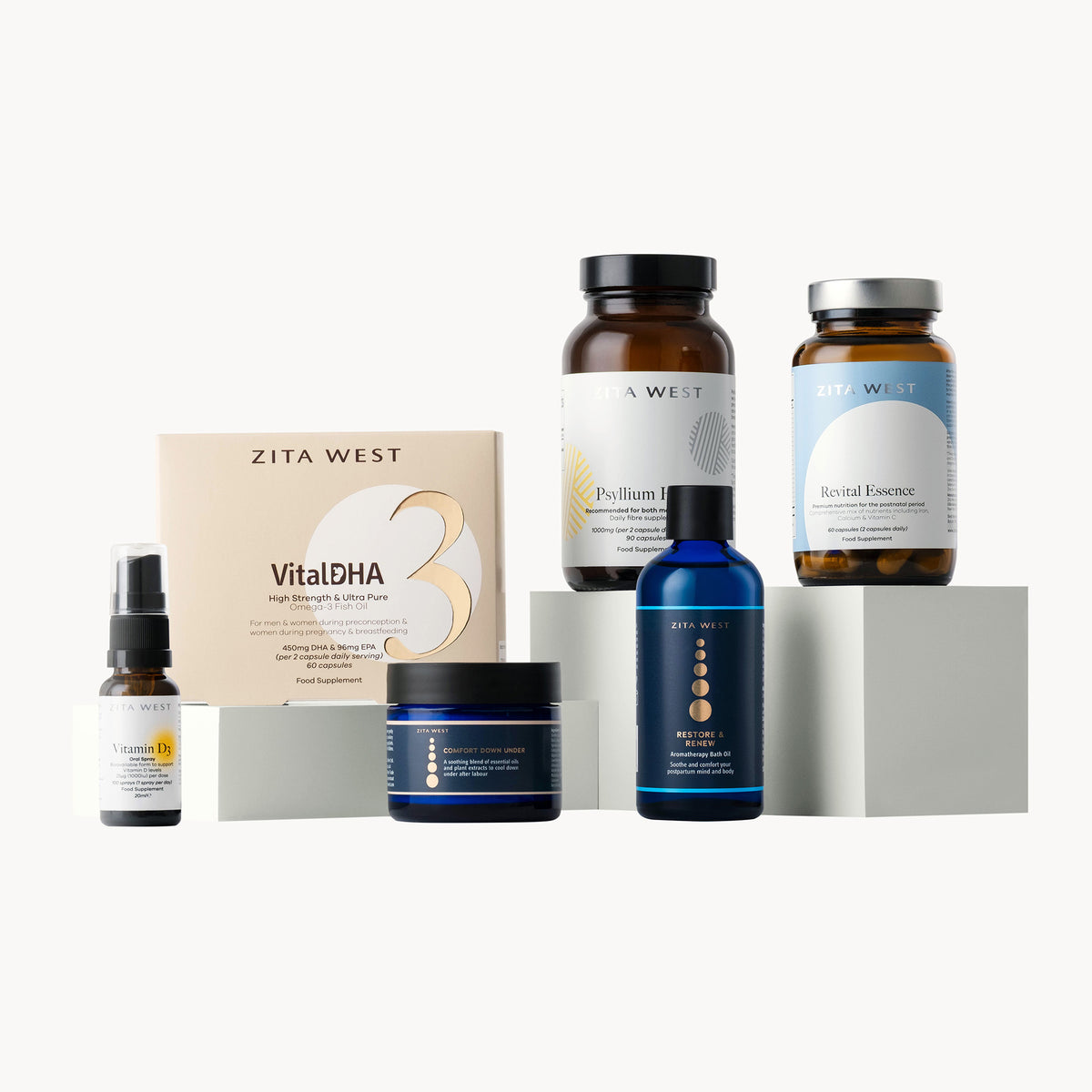 Collection of Zita West skincare and postnatal supplement products on a white background