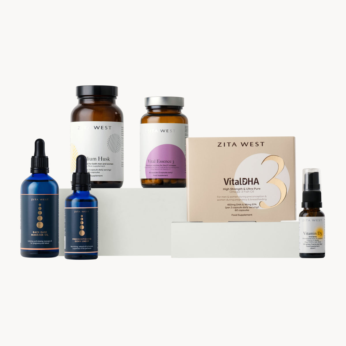 Collection of Zita West skincare and trimester 3 products on a white background