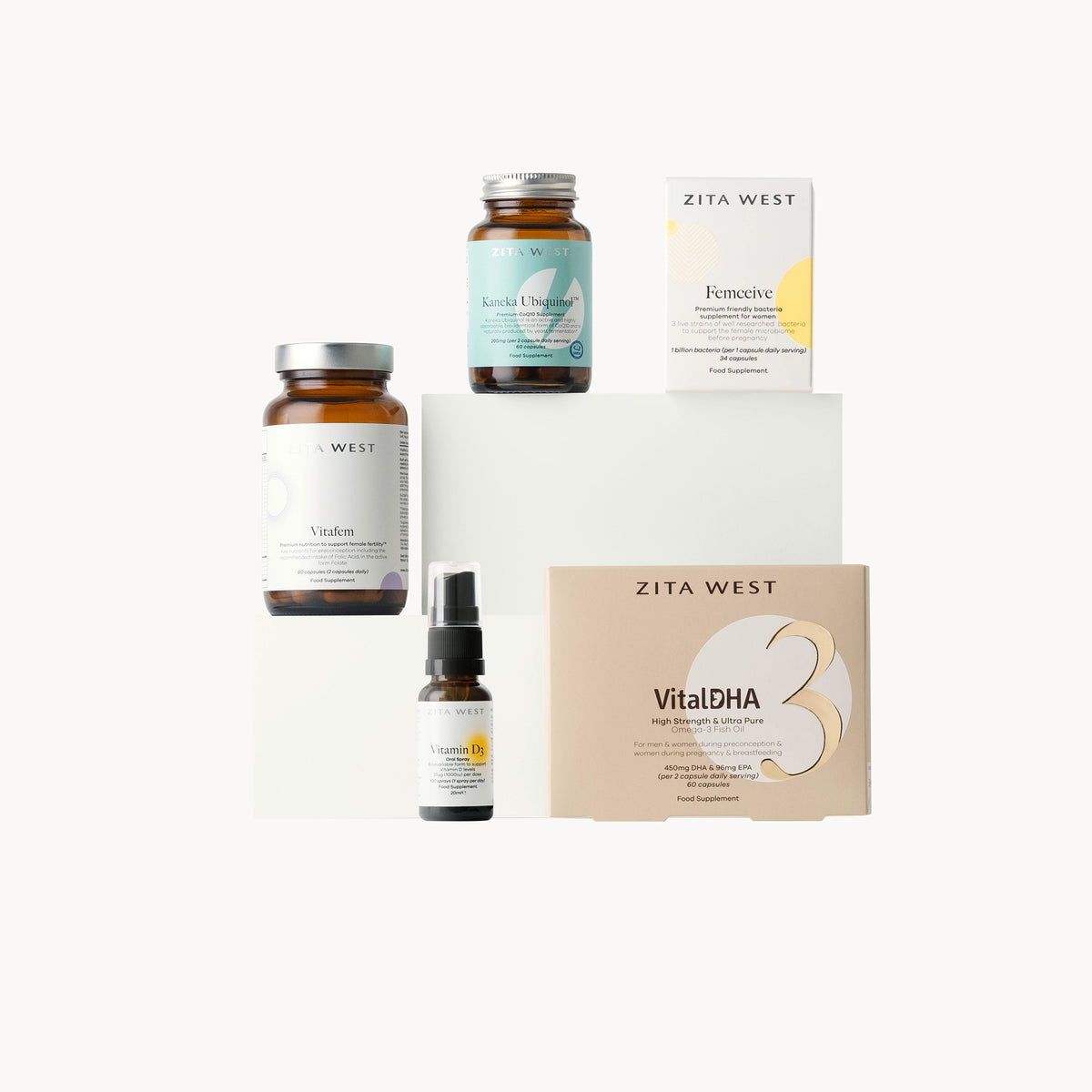 Collection of Zita West fertility and wellness products on a white background