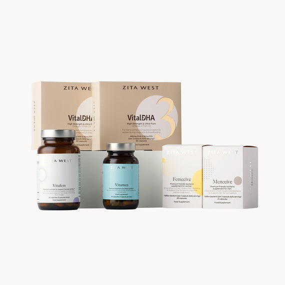 A collection of Zita West fertility supplements for both male and female fertility on a white background