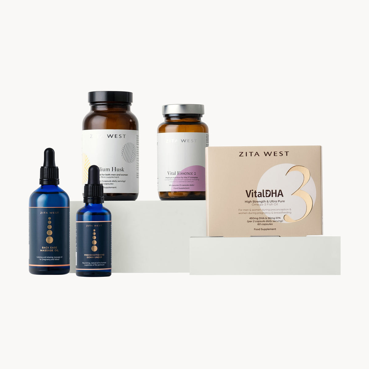 Zita West skincare and supplement trimester 2 products on a white background