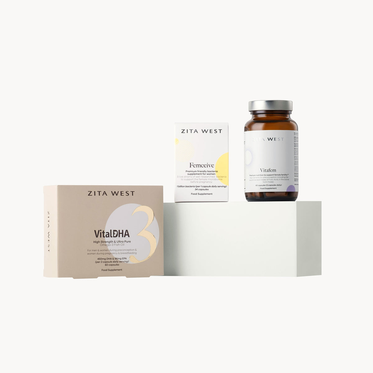 Collection of Zita West female fertility supplements on a white background