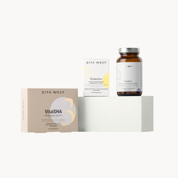 Collection of Zita West female fertility supplements on a white background