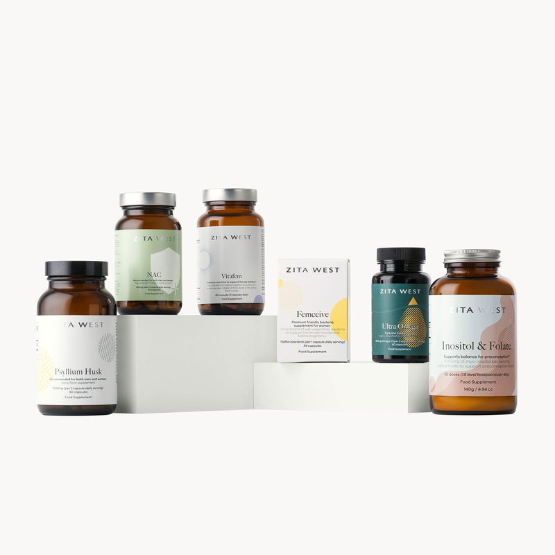 Collection of Zita West PMOS support products on a white background